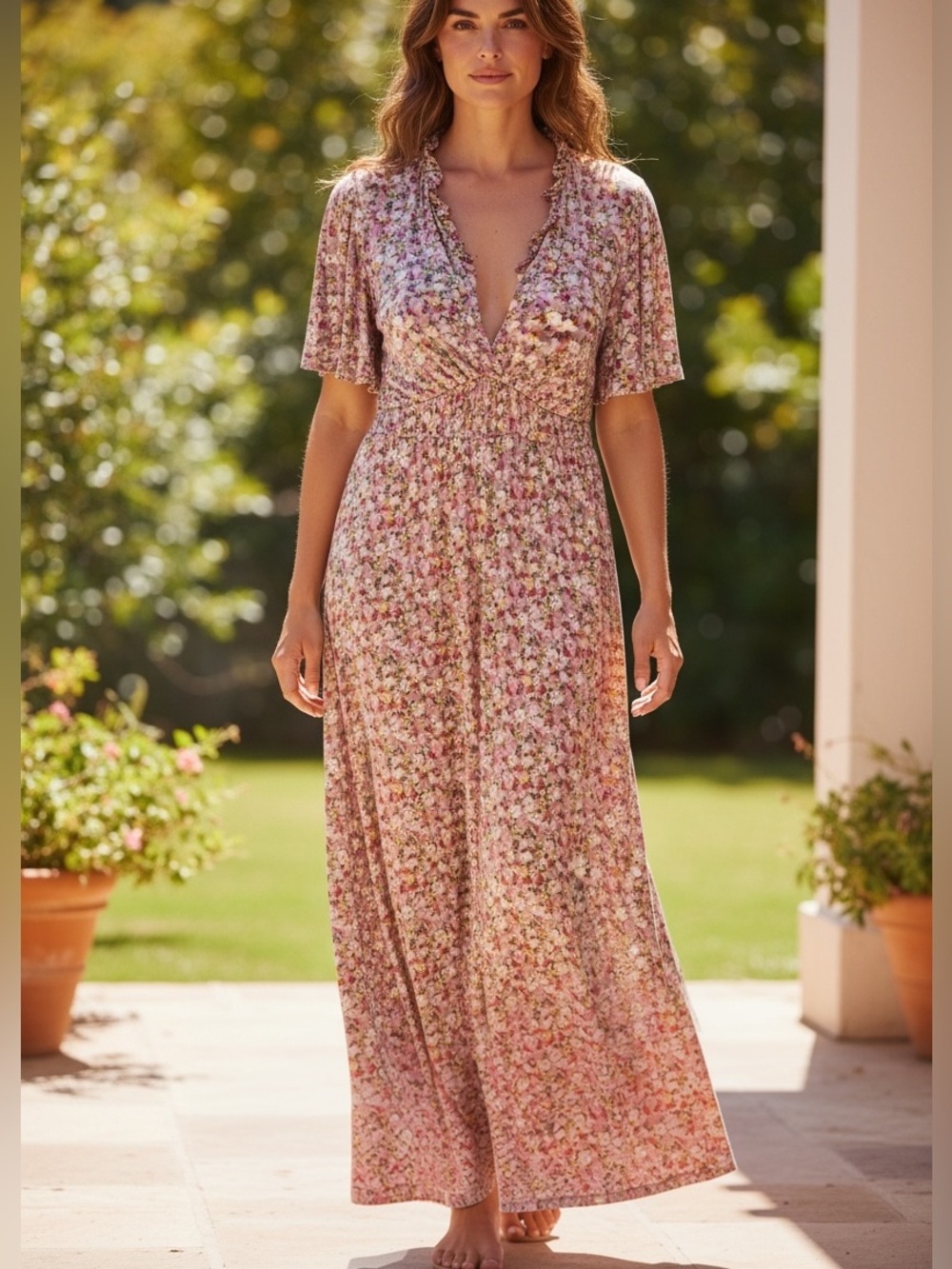 BODEN DITSY FLORAL COTTAGE PRAIRIE SHORT SLEEVE VNECK MAXI WESTERN DRESS 20 / 22